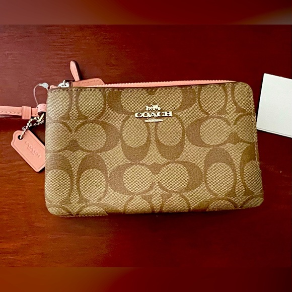 Coach Handbags - Coach Double Zip Wristlet Wallet Signature Khaki/Petal